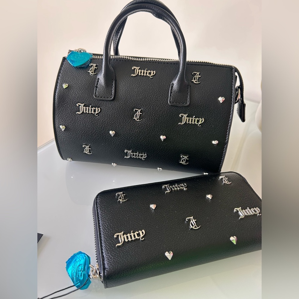 Juicy Couture UK Black leather silver Stud satchel bag and Wallet Set